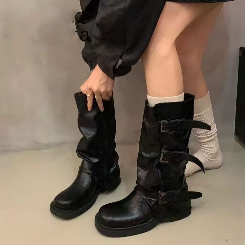 Knee High Boots Women - Bottines mi-mollet plissées pour femmes, avec